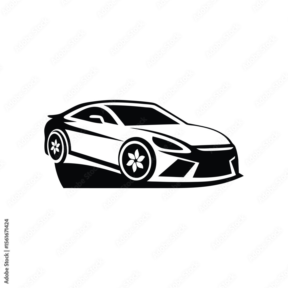 Fototapeta premium Sleek Silhouette: Captivating graphic of a modern car, isolated in pure monochrome against a subtle backdrop of dynamic shadows. Evoking speed, elegance and contemporary design.