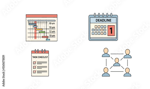 Project schedule chart, deadline calendar, task checklist and team network illustration