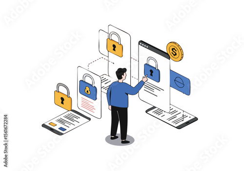 man interacts with security icons on a digital screen symbolizing troubleshooting and online security Modern isometric illustration