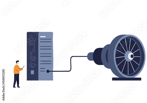miniature technician inspects a large wind turbine connected to a server rack Modern flat illustration style Focus on technology and infrastructure