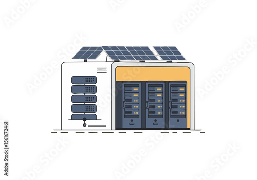 modern server housed in a solar-powered building  Clean lines solar panels and server racks showcase sustainable technology  Ideal for digital green energy and IT visuals