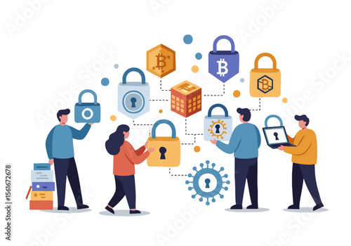 Teamwork focuses on blockchain technology and security Diverse professionals collaborate utilizing digital icons and locks Modern bright illustration for business and innovation concepts