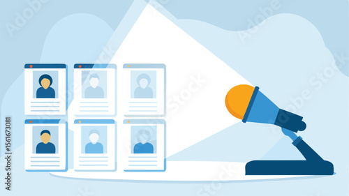 Illustration of a microphone on a stand next to profile cards under a spotlight on a light blue background