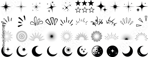 doodle  sparkle element element set, moon phase icon, star symbol, and sunburst graphic vector set. essential doodle illustrations for celestial design, mystical branding, and decor