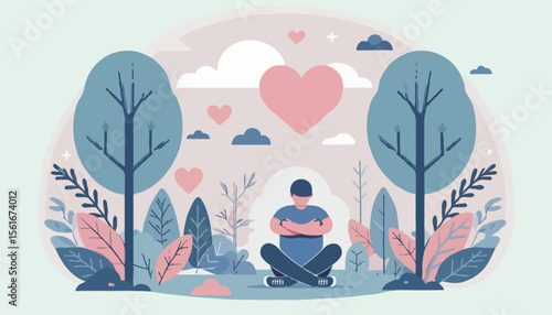 a person hugging themselves while sitting among nature—trees, clouds, and floating hearts. Calm expression, minimal surroundings