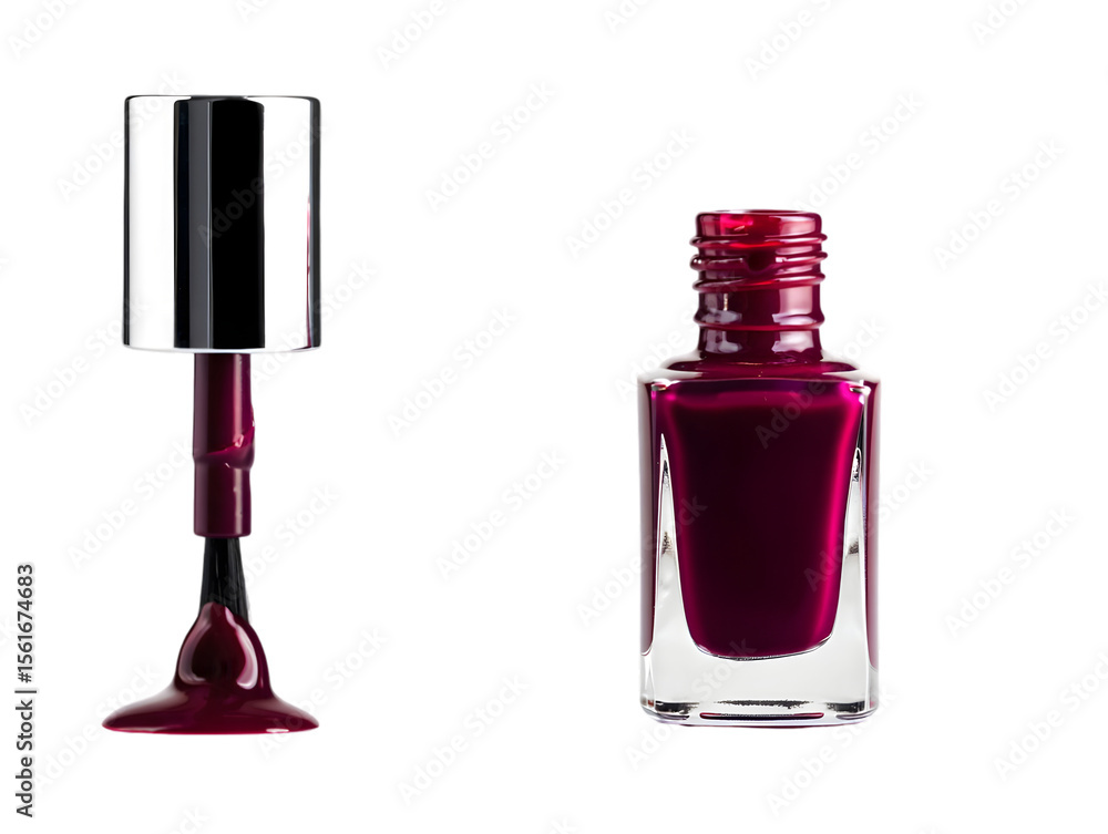 Deep Burgundy Nail Polish Bottle and Applicator Close Up Shot Against white Background Showing Rich Color Glossy Texture and Silver Cap Dark Red Enamel Deep Burgundy Nail Polish Bottle and Applicator Close Up Shot Against white Background Showing Rich Color Glossy Texture and Silver Cap Dark Red Enamel