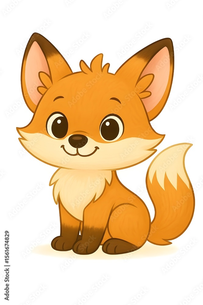 Obraz premium Cute Cartoon Baby Fox Sitting – Kawaii Woodland Animal Illustration Isolated on White Background
