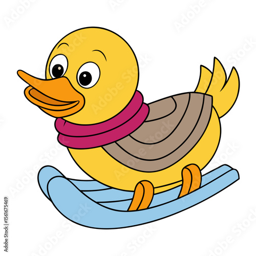 Happy Duck in Scarf Riding Toboggan Coloring Page