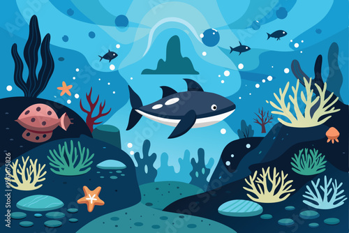 Seamless underwater world illustration with tropical marine life including sharks, dolphins, and various fish swimming among corals