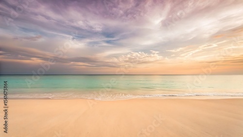 Serene Sunset Beach: Tranquil Ocean, Pastel Sky, Soft Sand, Idyllic Tropical Seascape
