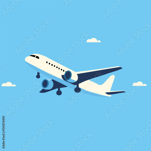 Flat Vector Illustration of an Airplane Taking Off in Clear Blue Sky