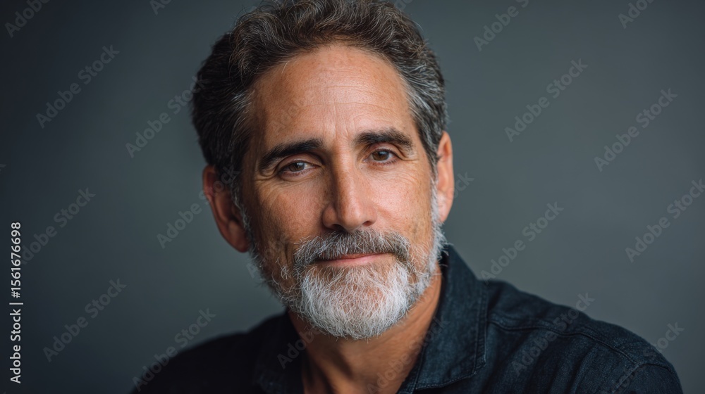 Obraz premium Close-up portrait of a mature man with gray hair and beard wearing a dark shirt.