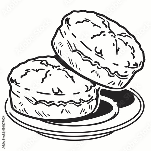 Black and White Illustration of Two Biscuits Stacked on a Plate