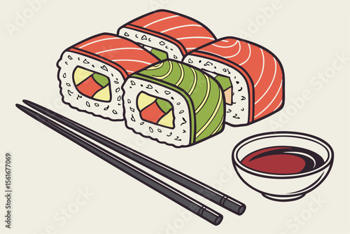 Vibrant stylized sushi platter with wasabi and chopsticks