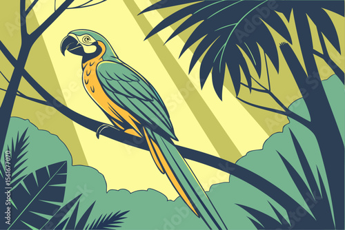 Vibrant tropical bird in side view with colorful plumage