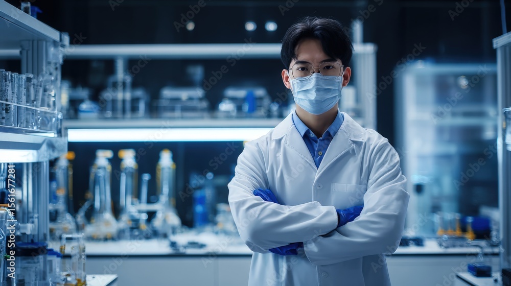 Scientist Wearing Mask and Lab Coat Standing with Crossed Arms in Modern Laboratory. Scientist Wearing Mask and Lab Coat Standing with Crossed Arms in Modern Laboratory.
