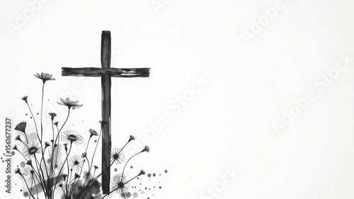 Minimalistische schwarz-weiße Zeichnung eines christlichen Kreuzes mit Blumenverzierung auf weißem Hintergrund.