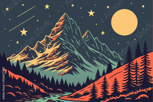 Stylized night mountain landscape with a bright moon and starry sky