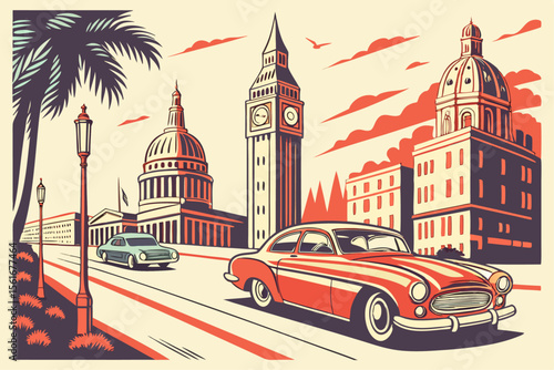 Retro travel poster design with vintage aesthetic and bold colors