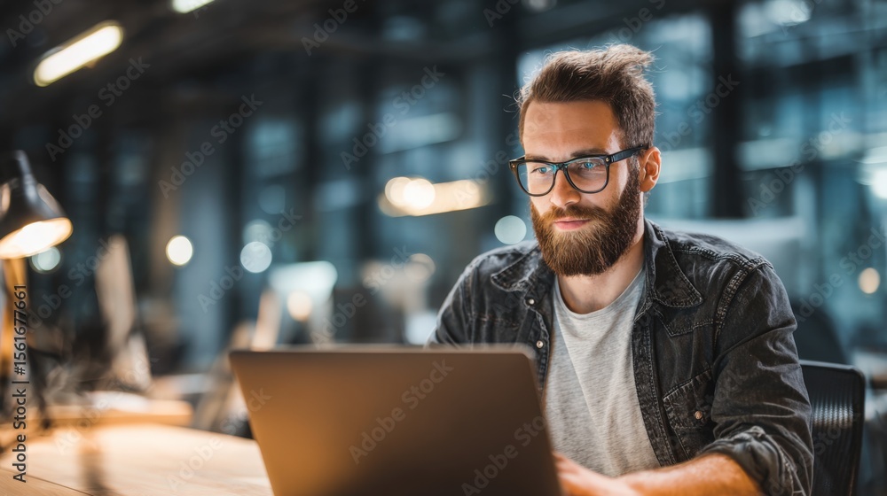 Modern man working on laptop in bright office with glass windows and city view. Modern man working on laptop in bright office with glass windows and city view.