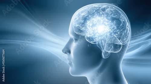 Wallpaper Mural Detailed side profile of human brain with illuminated neural connections in a futuristic setting. Torontodigital.ca