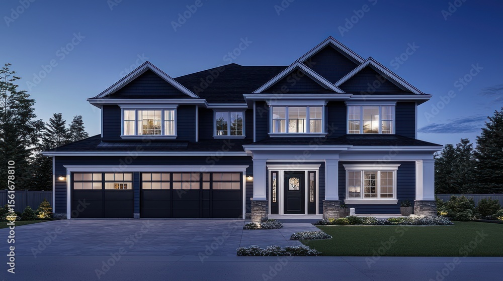 A large, dark-blue house at twilight A large, dark-blue house at twilight