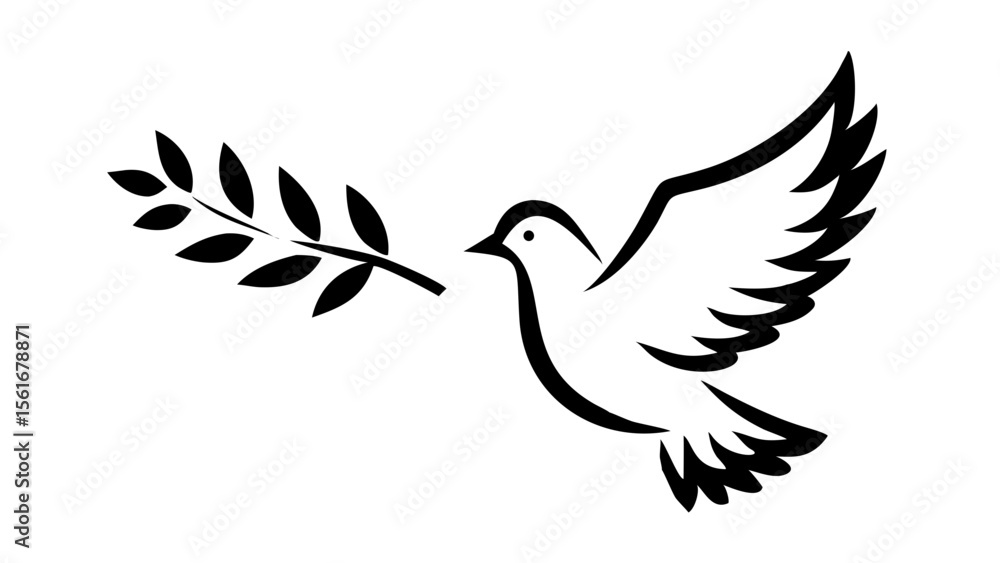 Illustration of a dove in flight carrying an olive branch in its beak symbolising peace and hopefulness Illustration of a dove in flight carrying an olive branch in its beak symbolising peace and hopefulness