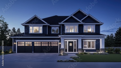 A large, dark-blue house at twilight