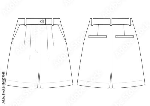 Vector fashion technical drawing of a pleated short trousers with front and back view. Double pleats on the left and right side of the front part. Slant pockets. Back darts. Welt Pockets. Woven fabric