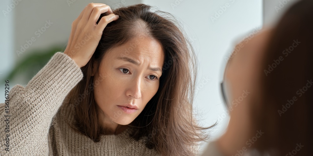 Fototapeta premium Woman with Concerned Expression and Hand on Head, Anxiety and Stress Concept.