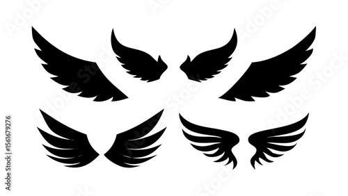 Four pairs of black wings in different styles, isolated on a white background, symmetrical designs shown