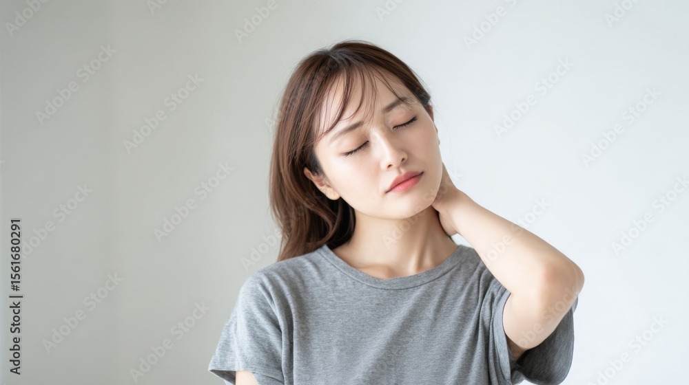 Young woman with shoulder pain and discomfort touching neck in casual gray t-shirt. Young woman with shoulder pain and discomfort touching neck in casual gray t-shirt.