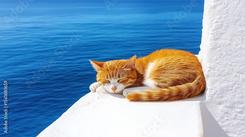 Sleepy orange cat rests on white ledge overlooking vibrant blue ocean