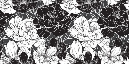 Large white floral silhouettes with bold black outlines bloom in flowing repetition creating dramatic contrast, elegant movement, and a serene organic rhythm