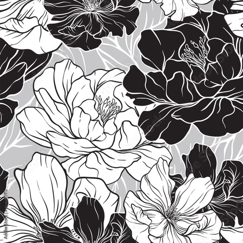 Large white floral silhouettes with bold black outlines bloom in flowing repetition creating dramatic contrast, elegant movement, and a serene organic rhythm