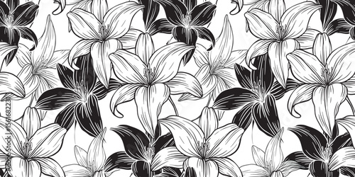 White lilies bloom in dense formation across a charcoal black field, their fine linework and layered curves crafting bold contrast and serene botanical elegance