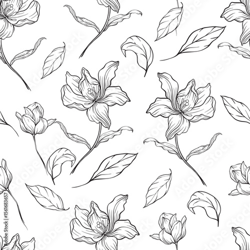 Intricate blooms and slender leaves trace flowing lines on crisp white exuding organic finesse and a tranquil cadence rooted in nature’s quiet sophistication