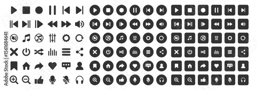 Music and sound icon set, media player icons collection, video player and cinema icons, multimedia interface template, online broadcasting and live stream mockup on transparent background