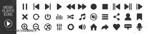 Music and sound icon set, media player icons collection, video player and cinema icons, multimedia interface template, online broadcasting and live stream mockup on transparent background