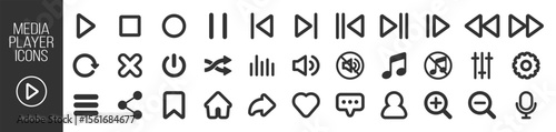 Media player icon set, video and audio interface buttons, multimedia symbols, music and sound control elements, play and pause signs, vector collection on transparent background