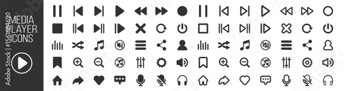Music and sound icon set, media player icons collection, video player and cinema icons, multimedia interface template, online broadcasting and live stream mockup on transparent background