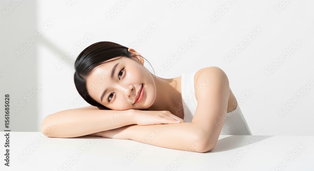 Young Asian Woman Resting on Table – Skincare and Wellness Concept Young Asian Woman Resting on Table – Skincare and Wellness Concept