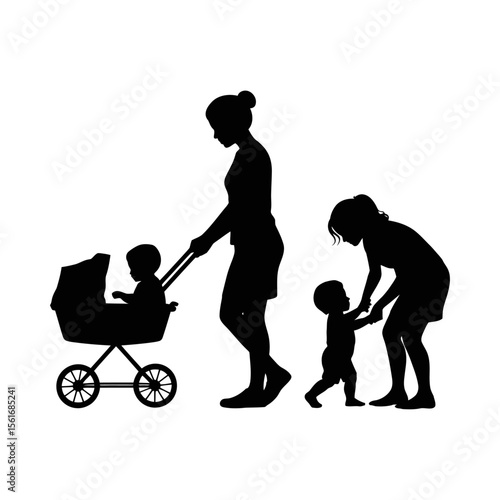 Silhouette of a mother pushing a stroller and another mother helping a toddler walk
