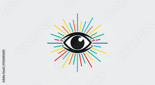 Eye icon with colorful rays emanating around it on white background
