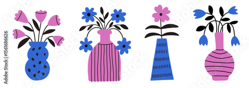 Bright groovy flowers in vases in flat cut-out style. Plant bouquets in flowerpots and floral pots. Pink blue colors