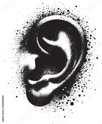  Illustration showing a detailed ear over a background with bold black ink splatter patterns, representing auditory concepts, creativity, and artistic expression