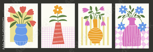 Set of posters with abstract cut-out flowers in vase. Organic floral bouquets in flowerpots. Decorative flat wallpaper