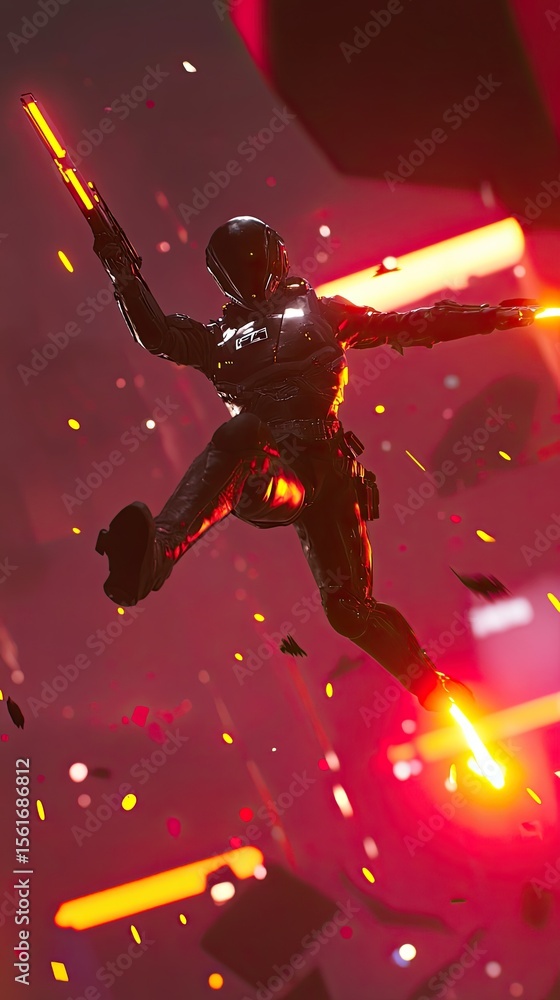 Fototapeta premium Futuristic figure jumping with glowing weapons