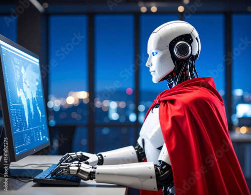 White Robot in Red Hero Cape Using Laptop – Futuristic AI Concept