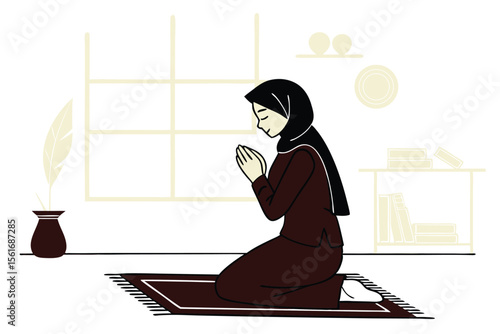 Muslim woman in hijab praying on a decorative prayer mat